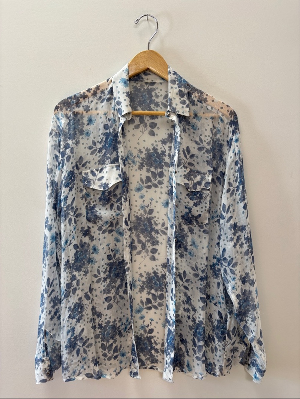 The Kooples White Sheer Floral Button-Down Shirt with Blue Print